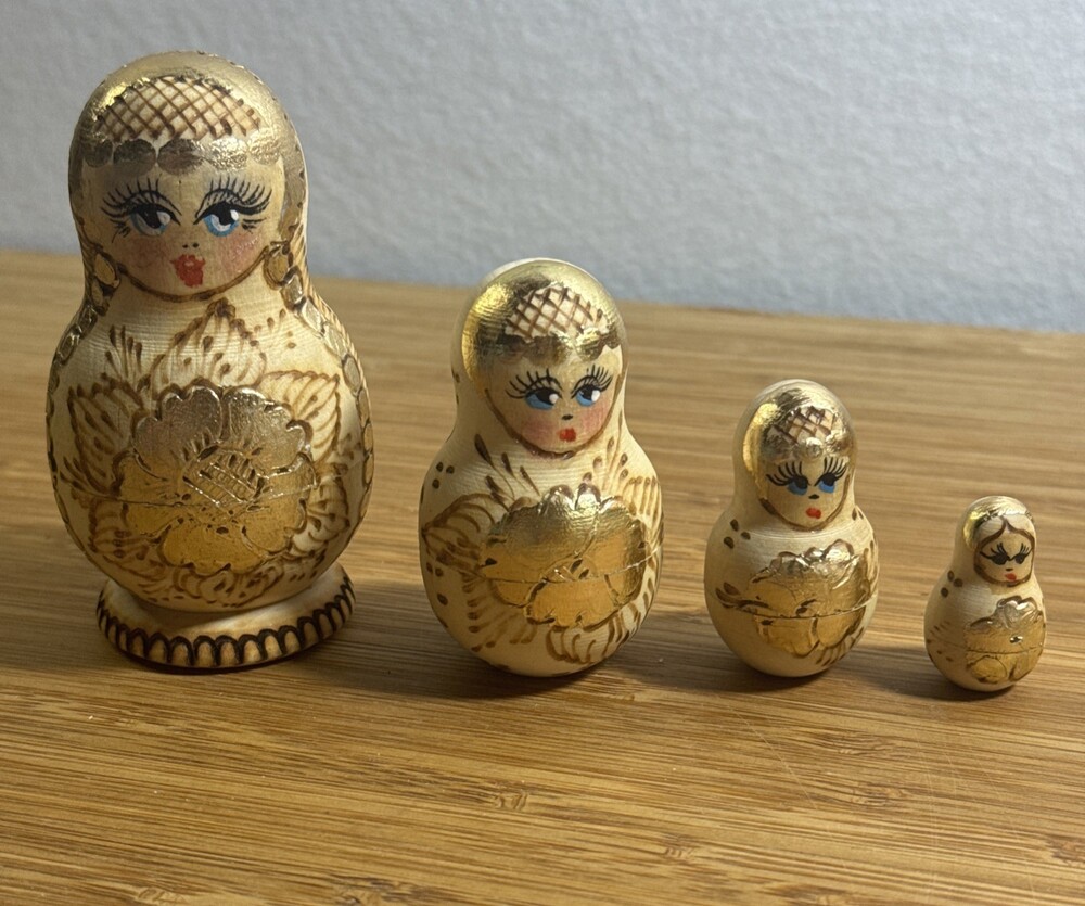 Signed Old Matryoshka Russian Nesting Dolls Wood Burned & 22k Gold hand paint 4